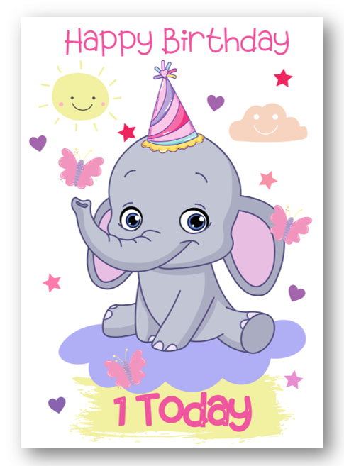 Second Ave Age 1 Children's Kids Elephant 1st Birthday Card Greetings Card