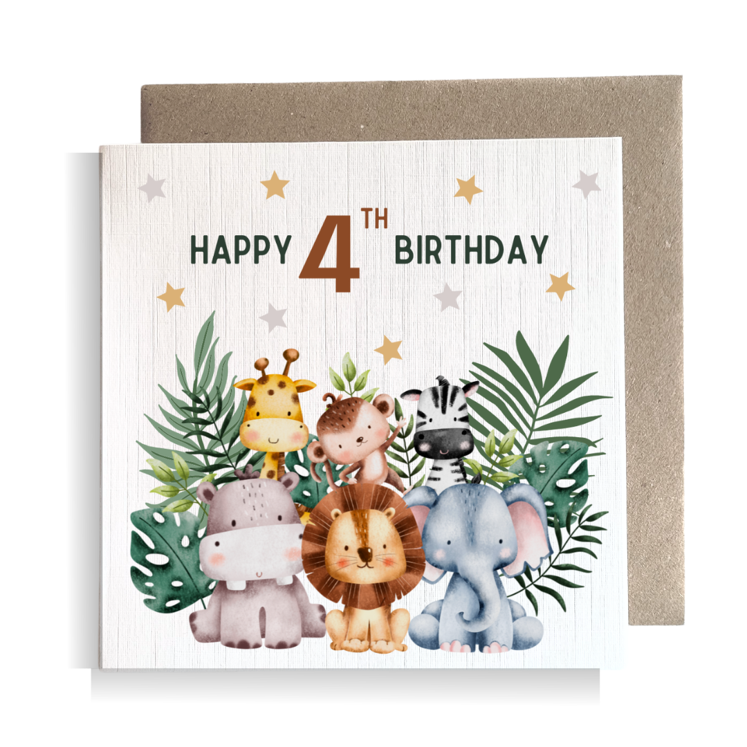 Second Ave 4th Birthday Age 4 Children's Kids Baby Safari Square Card For Boy or Girl Birthday