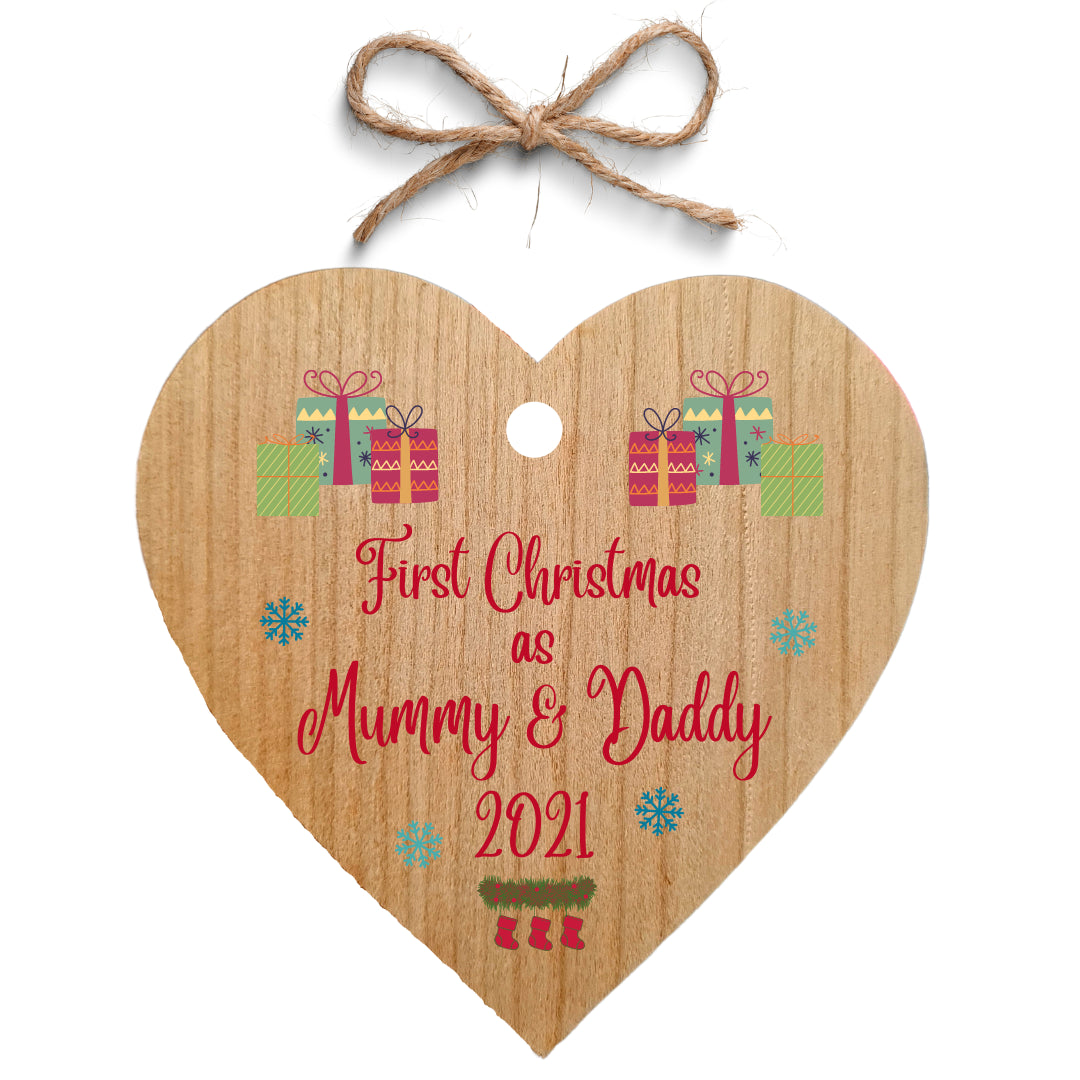 Second Ave First Christmas as Mummy & Daddy Cherry Wood Hanging Heart Christmas Xmas Tree Decoration Bauble