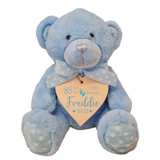 Second Ave Personalised Newborn Baby Blue Teddy Bear Plush Toy With Wooden Heart Tag