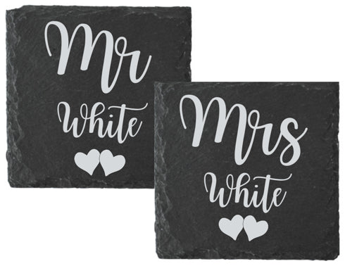 Second Ave Personalised Mrs and Mrs Natural Rock Slate Drinks Coaster Gift 2 Pack