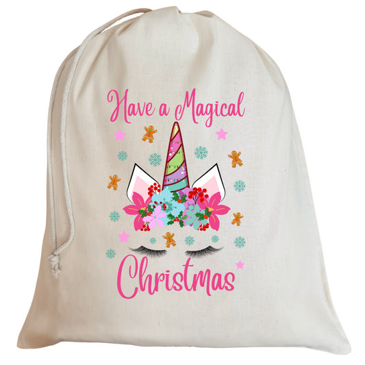 Second Ave Cute Children's Unicorn Cotton Drawstring Christmas Xmas Santa Sack Bag Gift