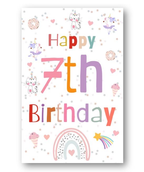 Second Ave 7th Birthday Age 7 Unicorn Cat Ice Cream Children's Kids Happy Birthday Card Greetings Card For Girls