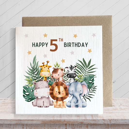 Second Ave 5th Birthday Age 5 Children's Kids Baby Safari Square Card For Boy or Girl Birthday