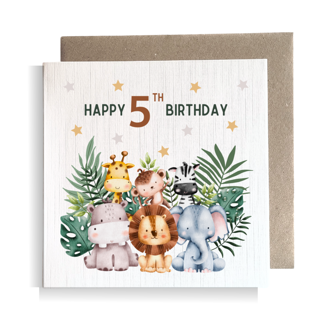 Second Ave 5th Birthday Age 5 Children's Kids Baby Safari Square Card For Boy or Girl Birthday