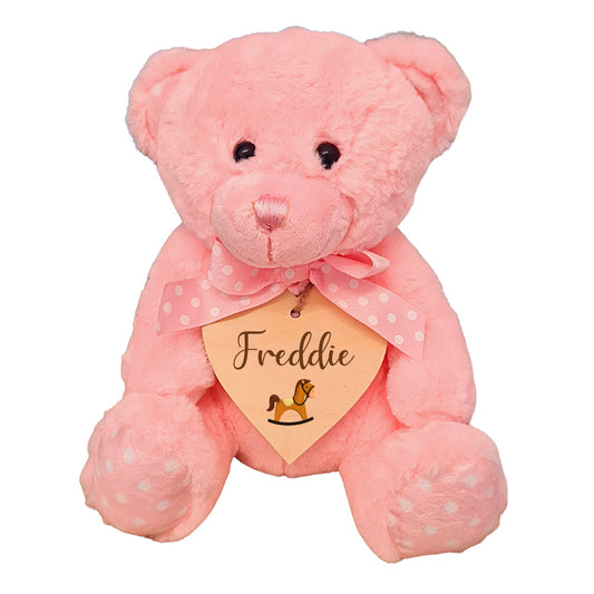 Second Ave Personalised Name Horse Design Pink Teddy Bear Plush Toy With Wooden Heart Tag