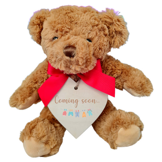 Second Ave Coming Soon Pregnancy Announcement Brown Teddy Bear Plush Toy With Wooden Heart Tag