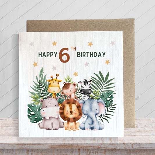 Second Ave 6th Birthday Age 6 Children's Kids Baby Safari Square Card For Boy or Girl Birthday