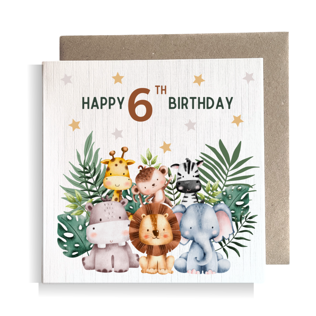 Second Ave 6th Birthday Age 6 Children's Kids Baby Safari Square Card For Boy or Girl Birthday