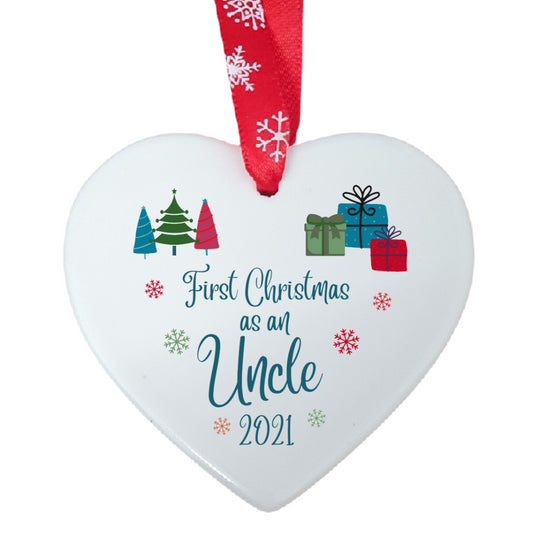 Second Ave First Christmas as an Uncle White Ceramic Hanging Heart Christmas Xmas Tree Decoration Bauble