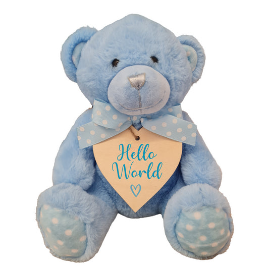 Second Ave Hello World Pregnancy Announcement Blue Teddy Bear Plush Toy With Wooden Heart Tag