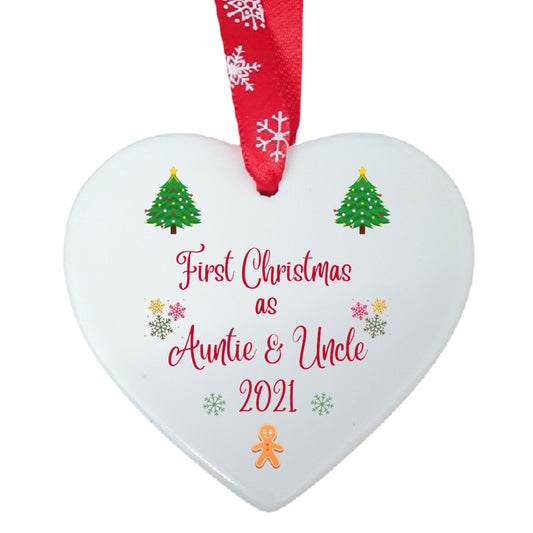 Second Ave First Christmas as Auntie & Uncle White Ceramic Hanging Heart Christmas Xmas Tree Decoration Bauble