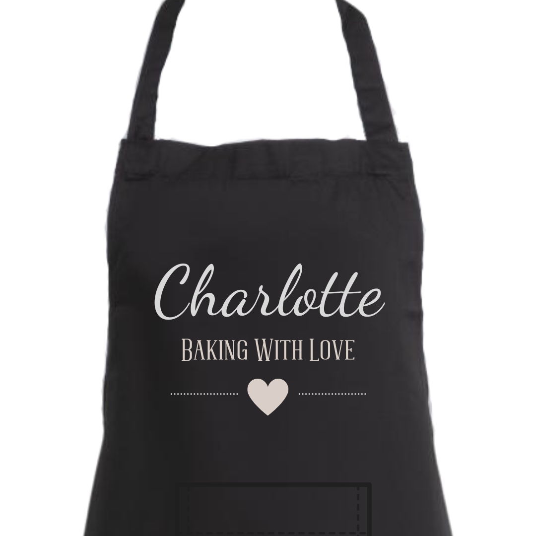 Second Ave Personalised Black Apron Unisex Baking With Love Heart Baking Cooking Kitchen Apron