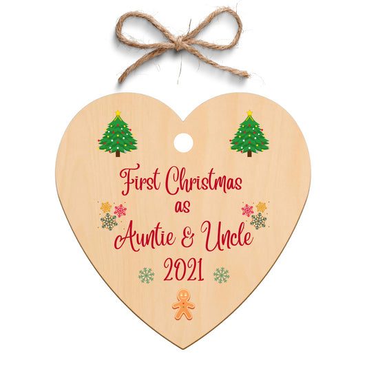 Second Ave First Christmas as Auntie & Uncle Wooden Hanging Heart Christmas Xmas Tree Decoration Bauble