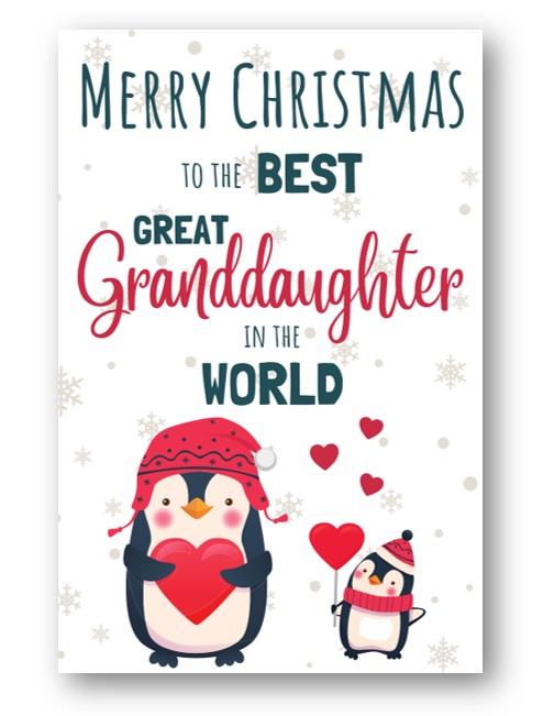 Second Ave Best Great Granddaughter Penguin Children's Kids Christmas Xmas Holiday Festive Greetings Card