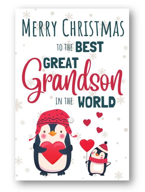 Second Ave Best Great Grandson Penguin Children's Kids Christmas Xmas Holiday Festive Greetings Card