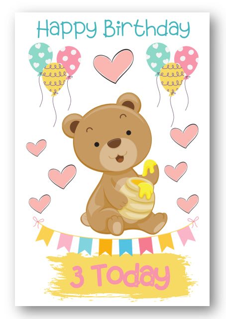 Second Ave Age 3 Children's Kids Bear 3rd Birthday Card Greetings Card