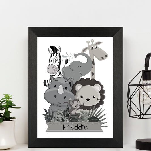 Second Ave A5 Black Framed Personalised Children's Kids Safari Animal Black and White Nursery Print Poster Wall Art