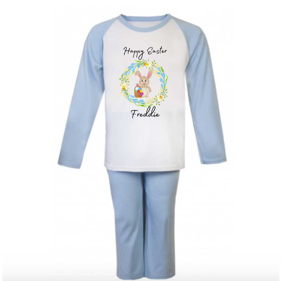 Second Ave Personalised Children's Kids Easter Bunny Flower Pyjamas PJ's Blue/White