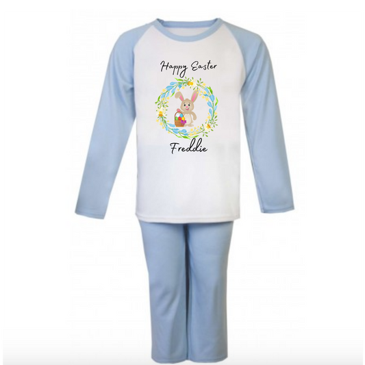 Second Ave Personalised Children's Kids Easter Bunny Flower Pyjamas PJ's Blue/White