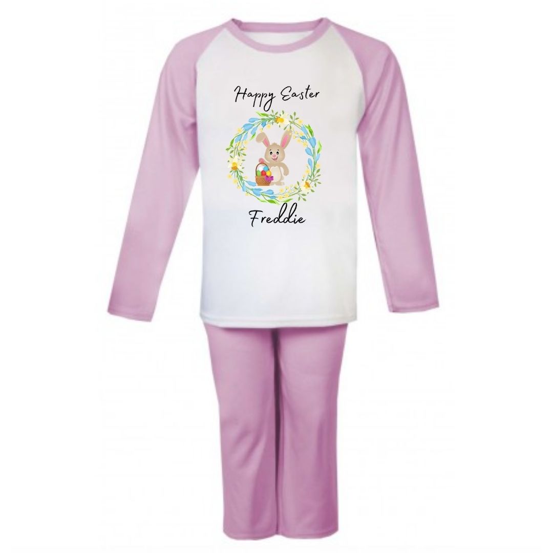 Second Ave Personalised Children's Kids Easter Bunny Flower Pyjamas PJ's Pink/White