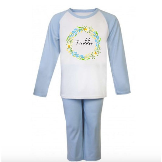 Second Ave Personalised Name Children's Kids Flower Pyjamas PJ's Blue/White