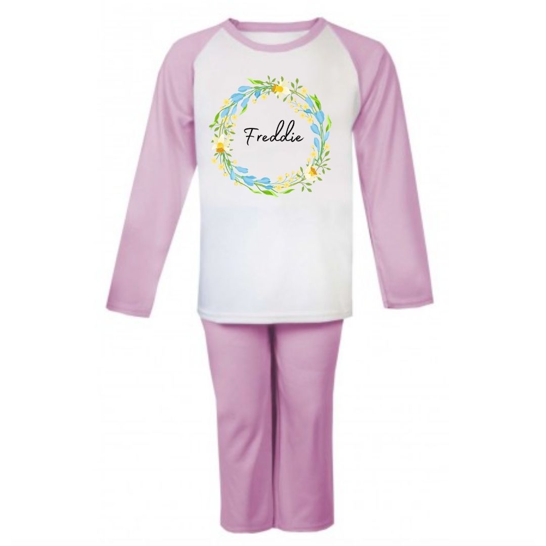 Second Ave Personalised Name Children's Kids Flower Pyjamas PJ's Pink/White