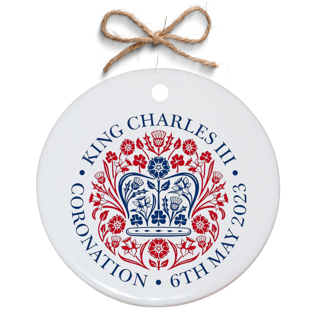 Second Ave King Charles III Royal Coronation Emblem White Ceramic Circle Christmas Xmas Tree Souvenir Decoration Bauble