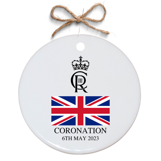 Second Ave King Charles III Royal Coronation Great Britain White Ceramic Circle Christmas Xmas Tree Souvenir Decoration Bauble