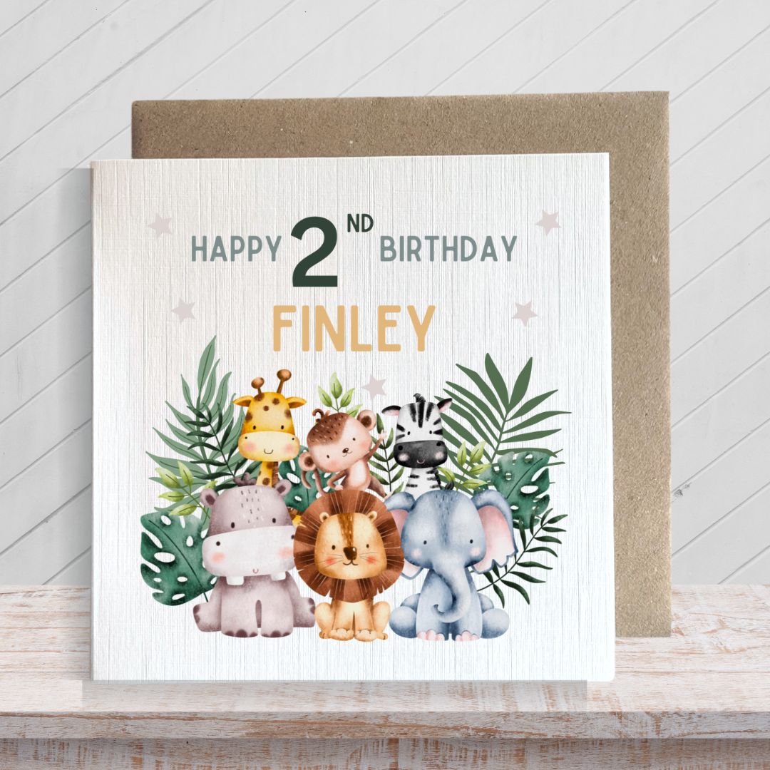 Second Ave Personalised Children's Kids Baby Safari Square Card For Boy or Girl Birthday