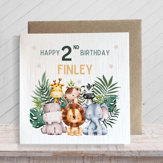 Second Ave Personalised Children's Kids Baby Safari Square Card For Boy or Girl Birthday