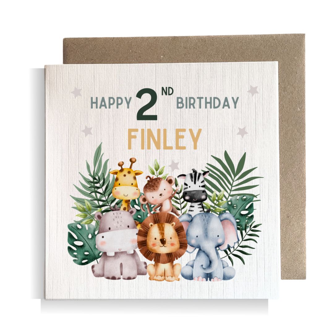 Second Ave Personalised Children's Kids Baby Safari Square Card For Boy or Girl Birthday