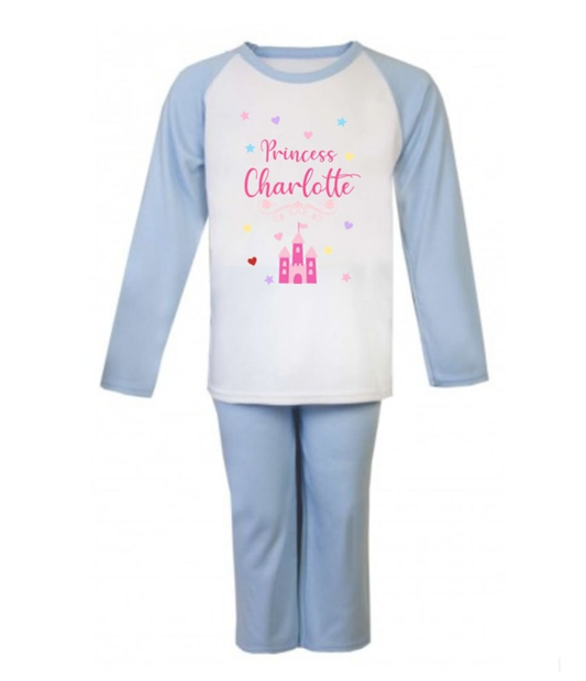 Second Ave Personalised Children's Kids Princess Pyjamas PJ's Blue/White