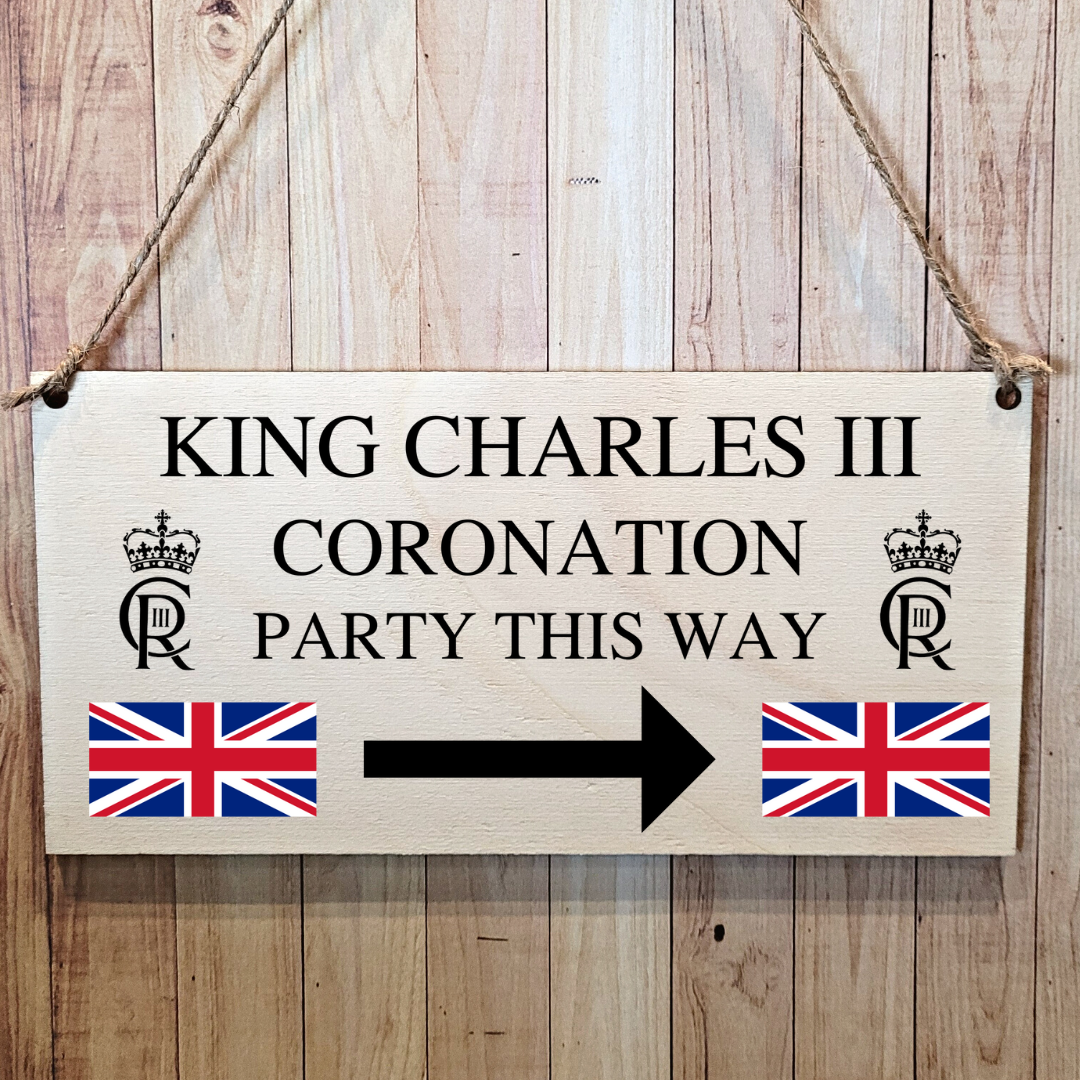 Second Ave King Charles III Royal Coronation Great Britain Celebration Party This Way Wooden Hanging Rectangle Sign Plaque