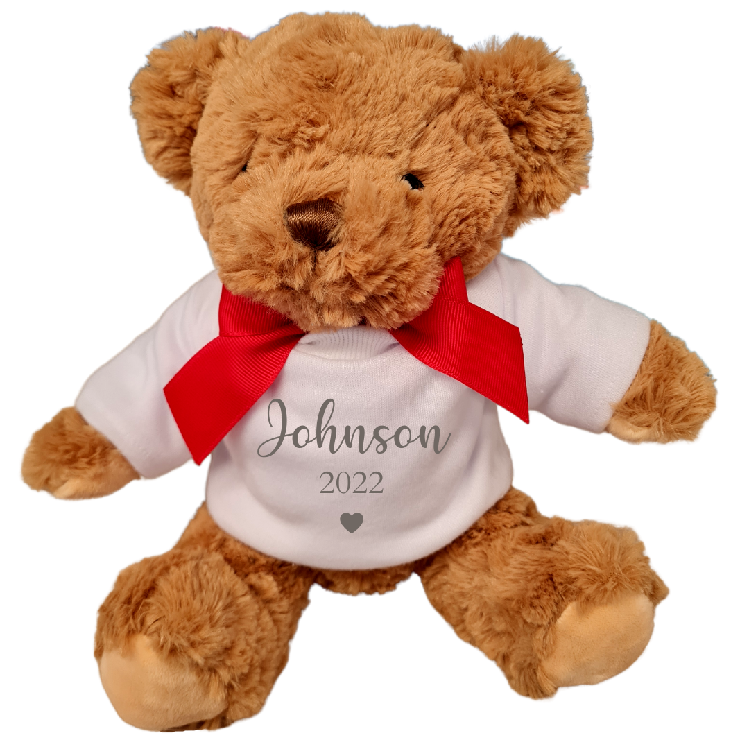 Second Ave Personalised Name Pregnancy Announcement Brown Teddy Bear Plush Toy With White T Shirt