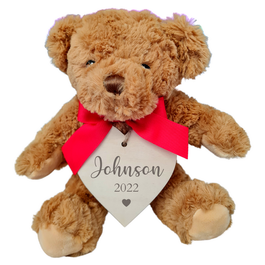 Second Ave Personalised Name Pregnancy Announcement Brown Teddy Bear Plush Toy With Wooden Heart Tag