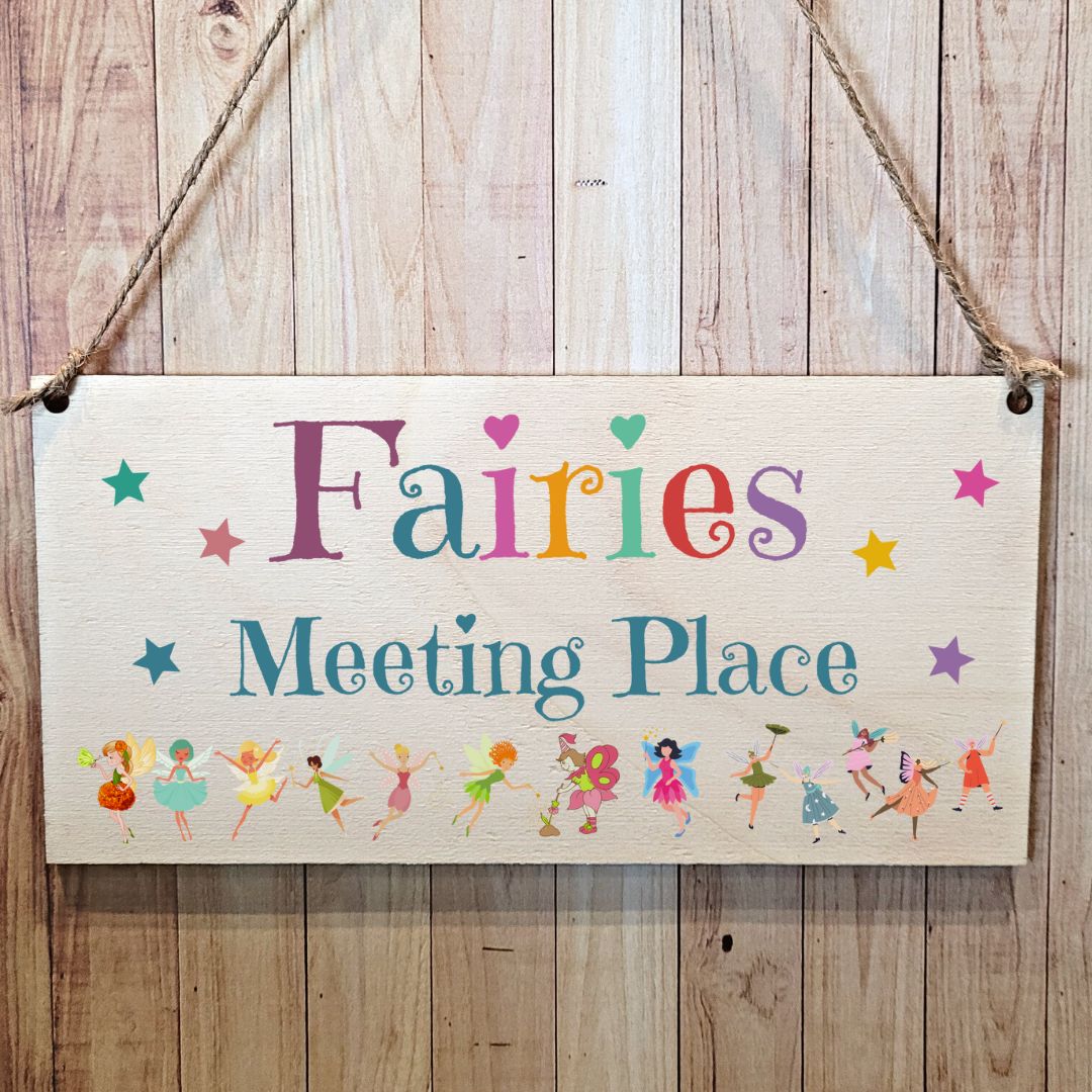 Second Ave Fairies Meeting Place Wooden Hanging Gift Rectangle Kids Bedroom Sign Plaque