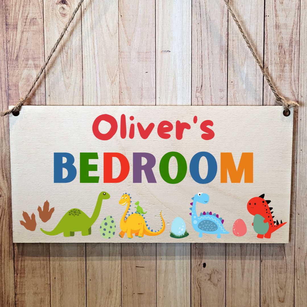 Second Ave Personalised Dinosaur Children Kids Bedroom Wooden Hanging Gift Rectangle Sign Plaque