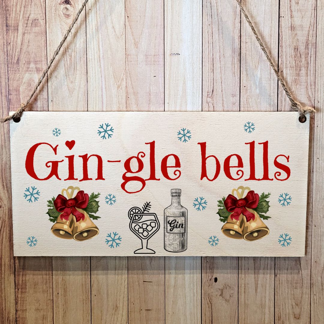 Second Ave Gin-gle Bells Wooden Hanging Gift Rectangle Christmas Xmas Decoration Sign Plaque