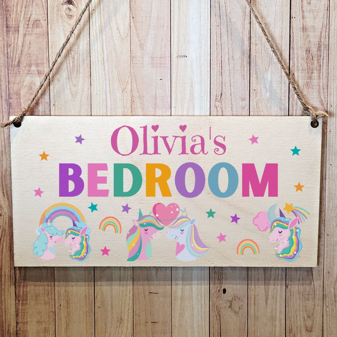 Second Ave Personalised Unicorn Children Kids Bedroom Wooden Hanging Gift Rectangle Sign Plaque