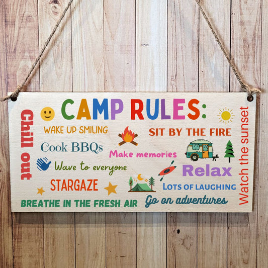 Second Ave Camp Rules Wooden Hanging Gift Friendship Rectangle Sign Camping Plaque