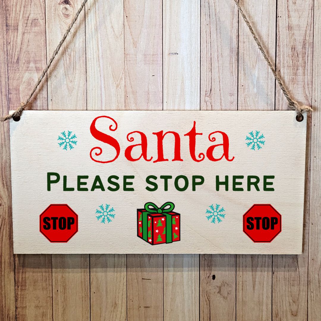 Second Ave Santa Please Stop Here Wooden Hanging Gift Rectangle Christmas Xmas Decoration Sign Plaque