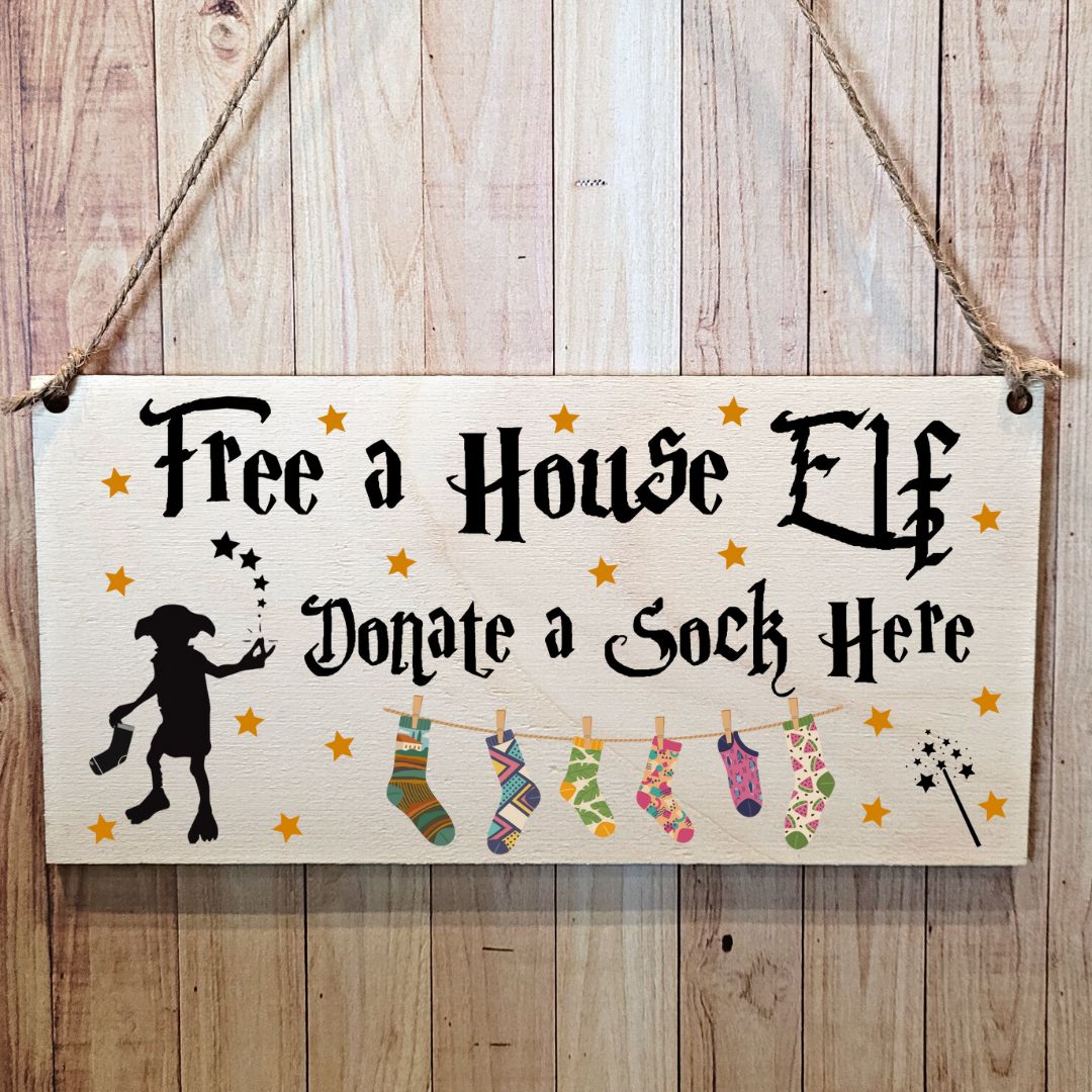 Second Ave Free A House Elf Donate A Sock Wooden Hanging Gift Rectangle Decoration Sign Plaque