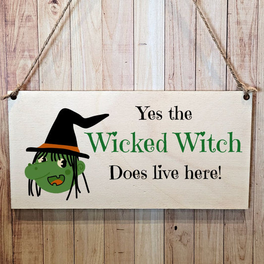 Second Ave Funny Wicked Witch Does Live Here Wooden Hanging Gift Rectangle Home Sign Plaque