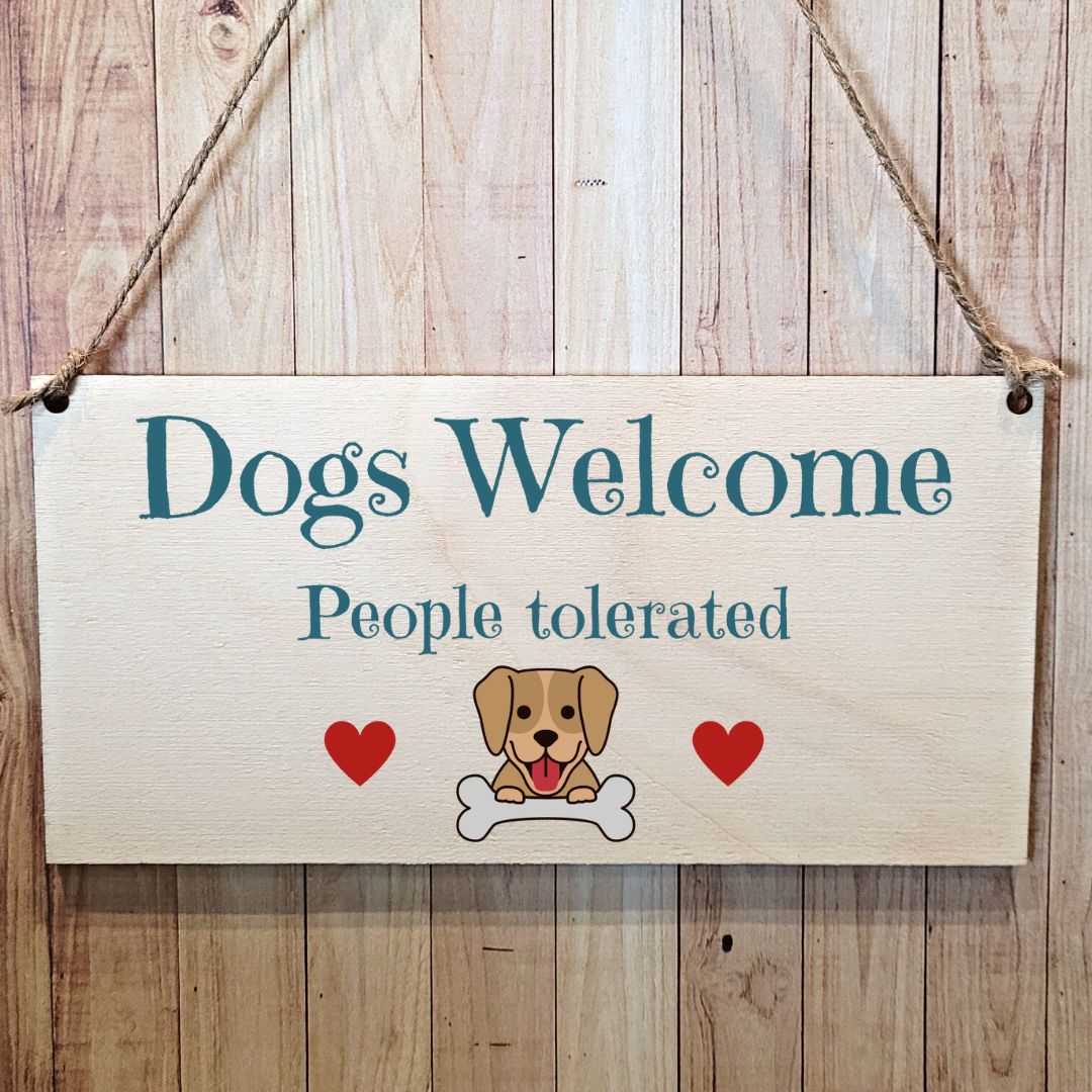 Second Ave Funny Dogs Welcome People Tolerated Wooden Hanging Gift Rectangle Home Sign Plaque