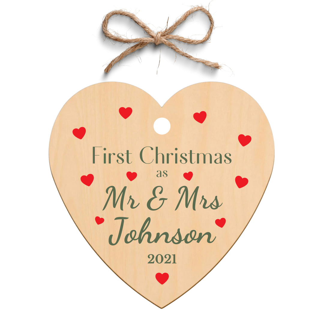 Second Ave Personalised First Christmas as Mr & Mrs Wooden Hanging Heart Christmas Xmas Tree Decoration Bauble