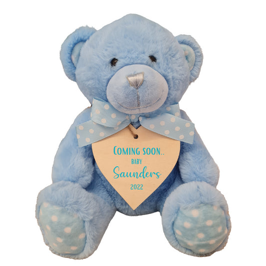 Second Ave Personalised Pregnancy Announcement Blue Teddy Bear Plush Toy With Wooden Heart Tag