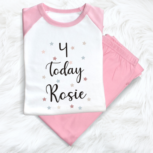 Second Ave Personalised Name Age Today Children's Kids Birthday Pyjamas PJ's Pink/White