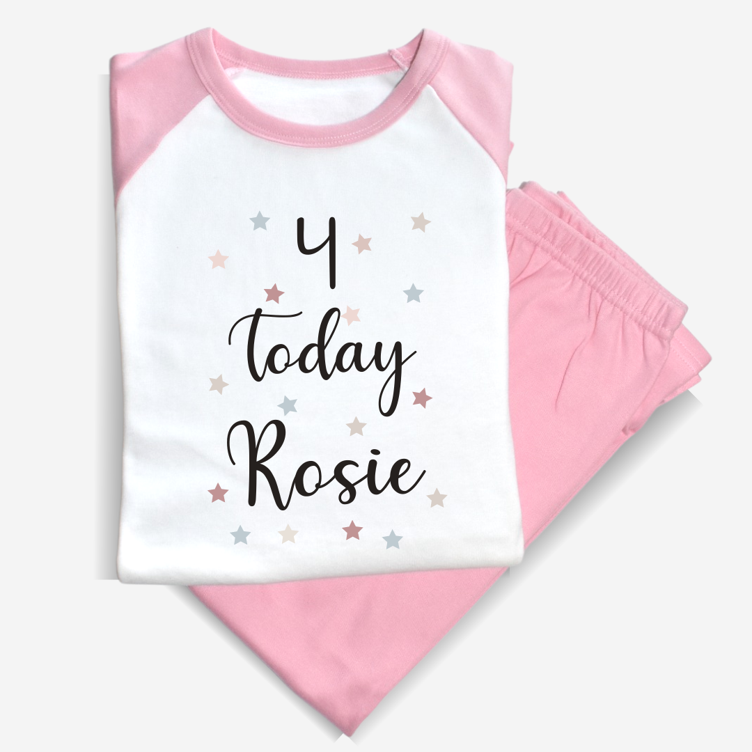 Second Ave Personalised Name Age Today Children's Kids Birthday Pyjamas PJ's Pink/White