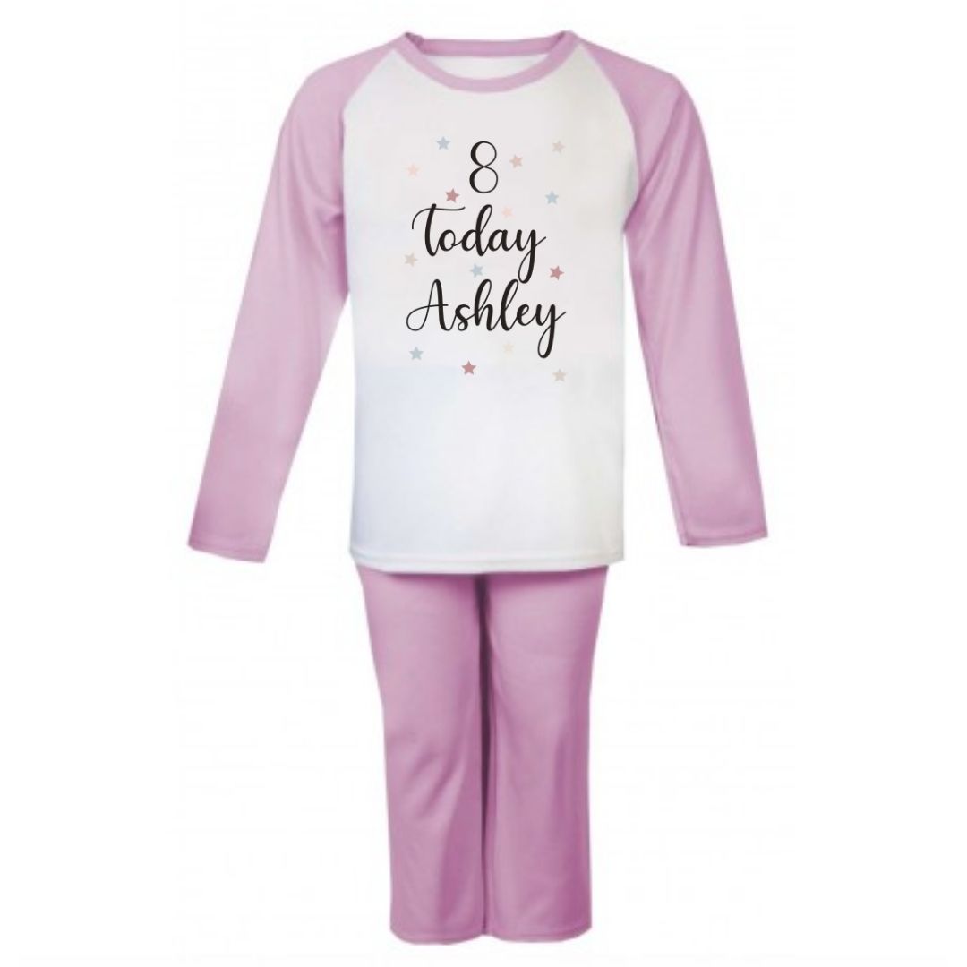 Second Ave Personalised Name Age Today Children's Kids Birthday Pyjamas PJ's Pink/White